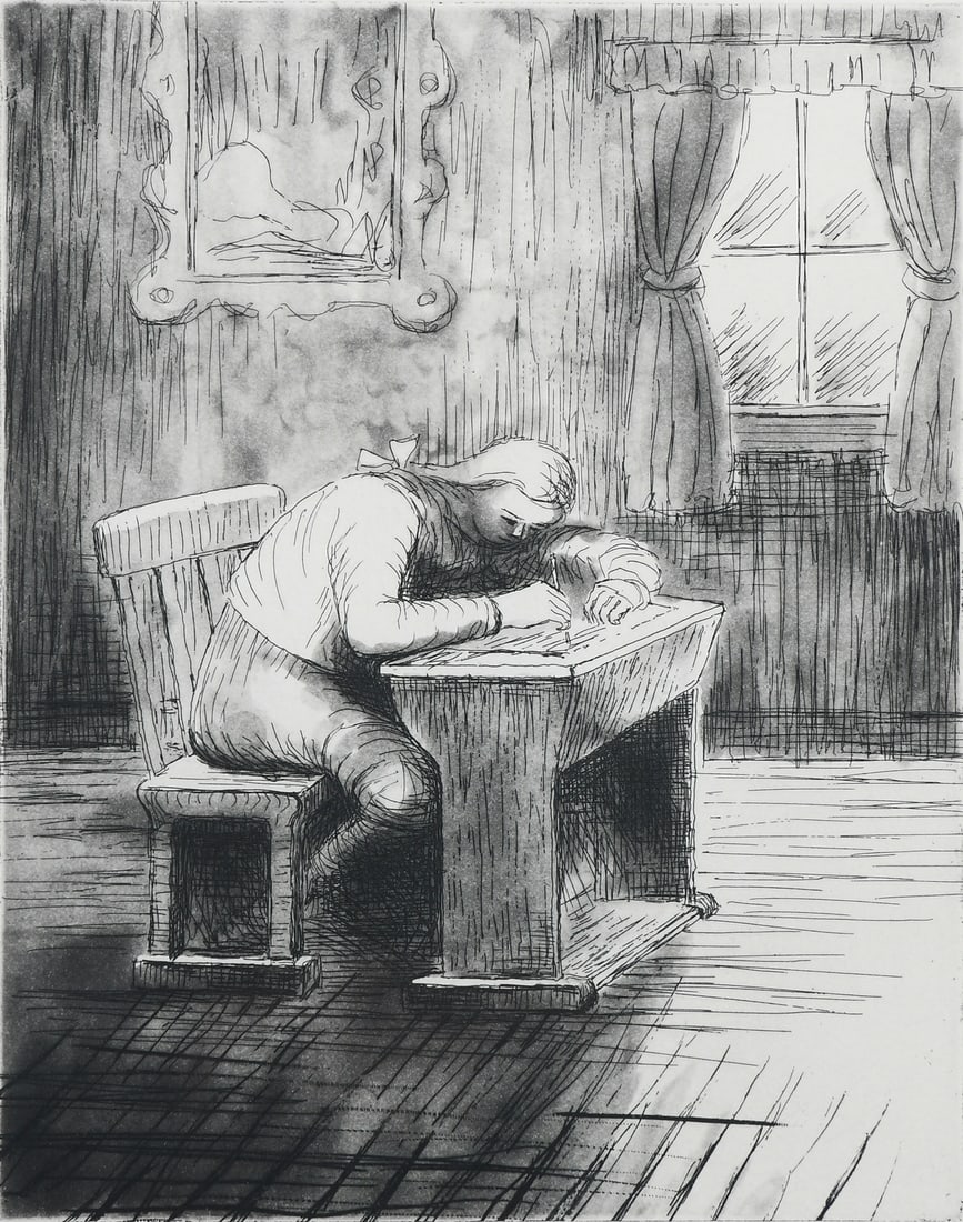 HENRY MOORE ETCHING "GIRL DOING HOMEWORK": MOORE, Henry Spencer, (English, 1898-1986) "Girl Doing Homework", AAA Etching, sight size 9.875" x 7.75", pencil signed lower right, numbered 18/50 lower left, AAA Certificate of Authenticity affixed