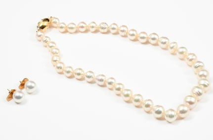 18K CULTURED PEARL NECKLACE/EARRINGS