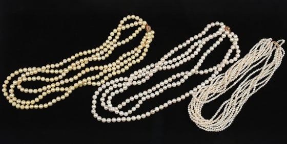 3 MULTI-STRAND CULTURED PEARL NECKLACES 14K CLASPS