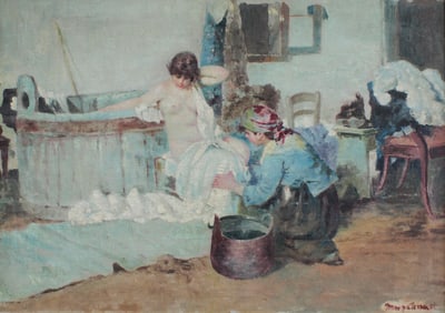 GOOD ILLEGIBLY SIGNED NUDE BATHING PAINTING