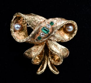 BROOCH 18K EMERALD & DIAMOND A.C. SOULE