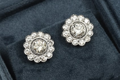 PLATINUM DIAMOND FLOWER STUDS HAND ENGRAVED