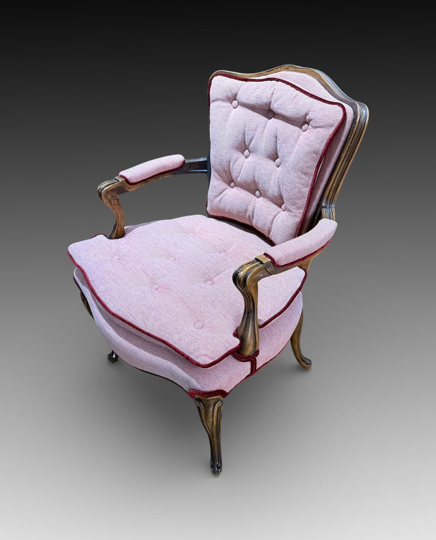 CARVED FRENCH BERGERE CHAIR: CARVED FRENCH BERGERE CHAIR: French Bergere chair raised on Cabriole legs with scrolled feet. Red & White freshly upholstered fabric. Approx. 35" h x 24.5" w x 27" d.