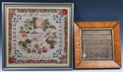 2 PC. ANTIQUE EARLY AMERICAN FOLK ART SAMPLERS