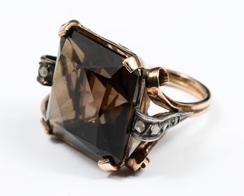 14K SMOKEY TOPAZ & ROSE CUT DIAMOND RING
