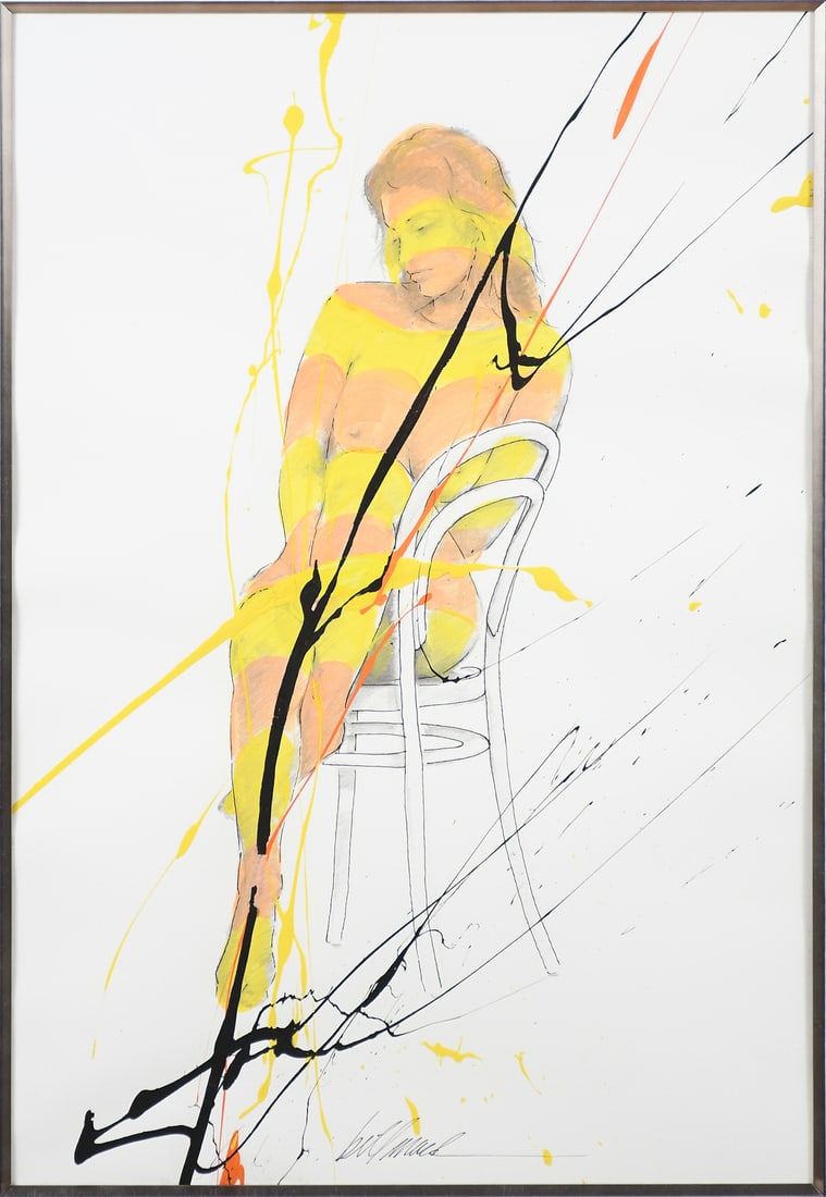 BILL MACK "SOLITUDE" MIXED MEDIA PAINTING: MACK, Bill, (American, b. 1949): "Solitude", 1995, Mixed Media Watercolor and Tempera over Lithograph, sight size 25.5" x 17", signed lower middle margin, original frame, 39" x 31.125". Sold with a 20