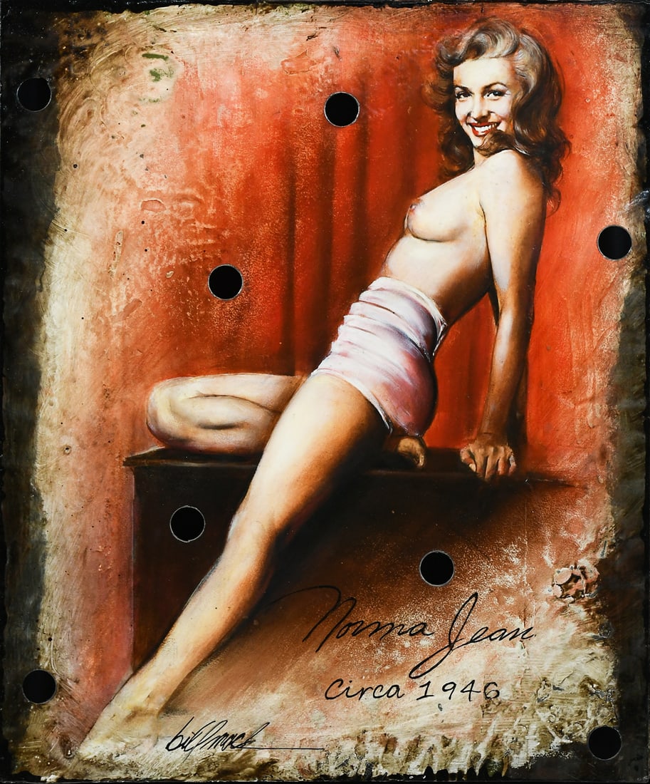 COMMISSIONED BILL MACK "MARILYN, NORMA JEAN" HOLLYWOOD SIGN PAINTING: MACK, Bill, (American, b. 1949): "Marilyn, Norma Jean", Acrylic/Oil/Urethane over White Paint and Metal from the original Hollywood Sign, 24" x 20", signed lower left, framed, 40" x 36". An original B