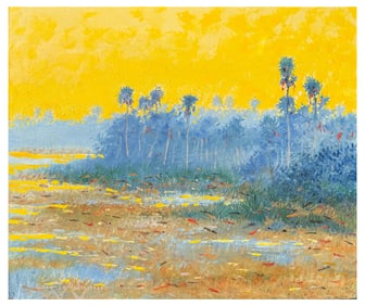 GREG BEHYMER FLORIDA PALMS AND YELLOW SKY SUNSET PAINTING