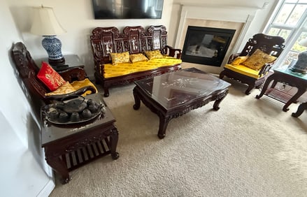 10 PC. CARVED CHINESE PARLOR SUITE MOTHER OF PEARL INLAY