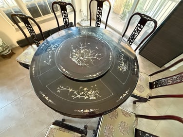 9PC. INLAID CHINESE ROSEWOOD DINING TABLE 8 CHAIRS