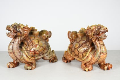 CHINESE CARVED HARDSTONE DRAGON TURTLES