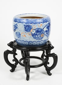 JAPANESE BLUE & WHITE JARDINIERE WITH STAND