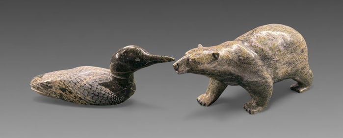 2 PC. SOAPSTONE BEAR & DUCK INUIT CARVINGS