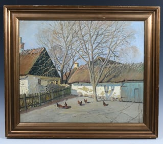 EUROPEAN VILLAGE COURTYARD SCENE WITH CHICKENS