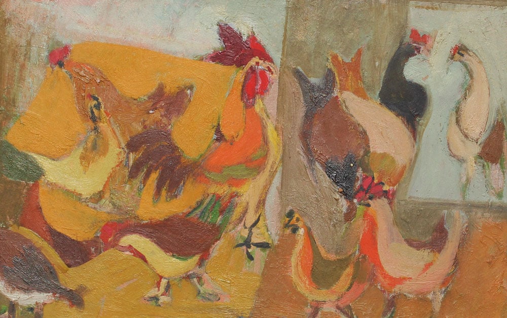 MODERNIST O/C MASONITE BARNYARD SCENE JOHN FISHER (1 of 3)