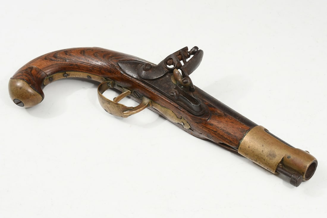 18TH-CENTURY FRENCH? NAVAL FLINTLOCK: 18TH-CENTURY FRENCH? NAVAL FLINTLOCK: Wood and metal flintlock pistol of possible French origin. Simple functional design. Measures 11" in length.
