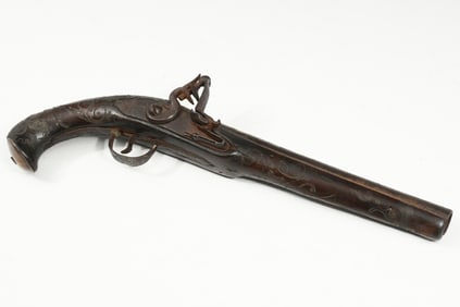 18TH-CENTURY SILVER INLAID FLINTLOCK PISTOL