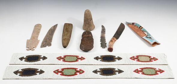9 PC. AMERICAN NATIVE INDIAN TOOLS & BEAD WORK