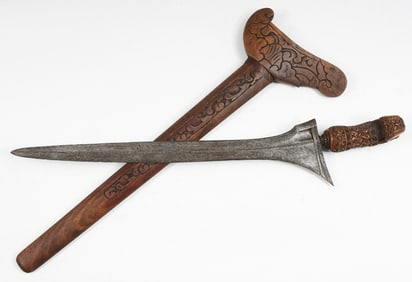 KERIS KNIFE DAMASCUS BLADE CARVED WOOD SCABBARD