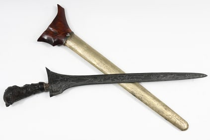 KERIS KNIFE WITH DAMASCUS BLADE BRASS SCABBARD