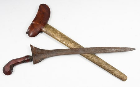 KERIS KNIFE DAMASCUS BLADE & TOOLED BRASS SCABBARD