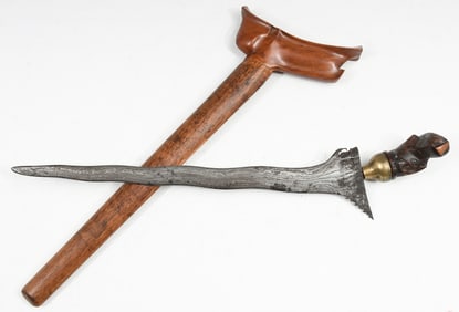 KERIS KNIFE WITH DAMASCUS BLADE & WOOD SCABBARD