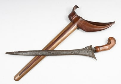 KERIS KNIFE DAMASCUS BLADE BRASS & WOOD SCABBARD