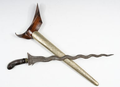 KERIS KNIFE DAMASCUS BLADE BRASS & WOOD SCABBARD