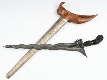 KERIS KNIFE DAMASCUS BLADE TOOLED BRASS & WOOD