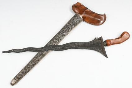 KERIS KNIFE DAMASCUS BLADE TOOLED SILVER & WOOD