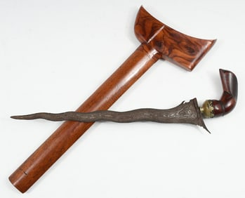 KERIS KNIFE WITH DAMASCUS BLADE & WOOD SCABBARD