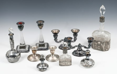 11 PC. SILVER OVERLAY BOTTLES & STERLING CANDLESTICKS