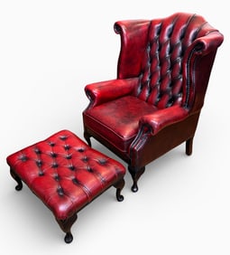 CHESTERFIELD LEATHER WINGBACK CHAIR AND OTTOMAN