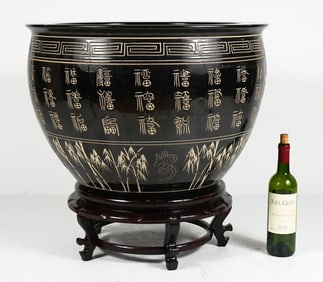 LARGE CHINESE POTTERY FISHBOWL ON STAND