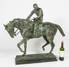 LARGE BRONZE HORSE AND JOCKEY AFTER BONHEUR