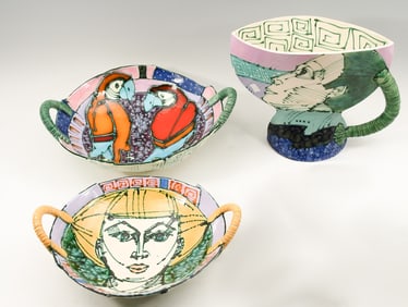 3PC. JOUZAS & RASA FIGURAL ART POTTERY BOWLS & VASE