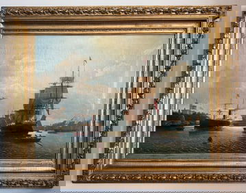 LARGE 19TH C STOCKHOLM HARBOR PAINTING