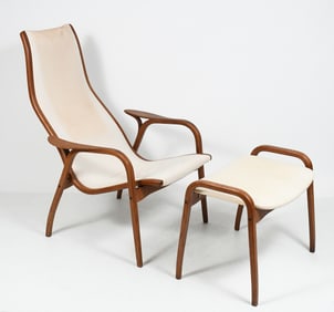 MCM LAMINATED OAK CHAIR AND OTTOMAN BY YNGVE ECKSTROM