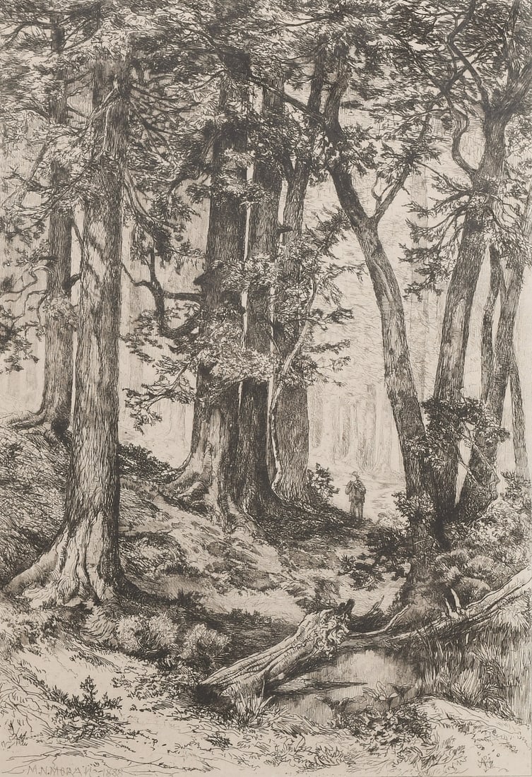 M.N. MORAN FOREST TRAVELER ETCHING: MORAN, Mary Nimmo, (American, 1842-1899): Lone Traveler in a Deep Forest, Etching, sight size 12.5" x 8.75", pencil signed lower left and dated 1888, framed, 17.375" x 13.5".