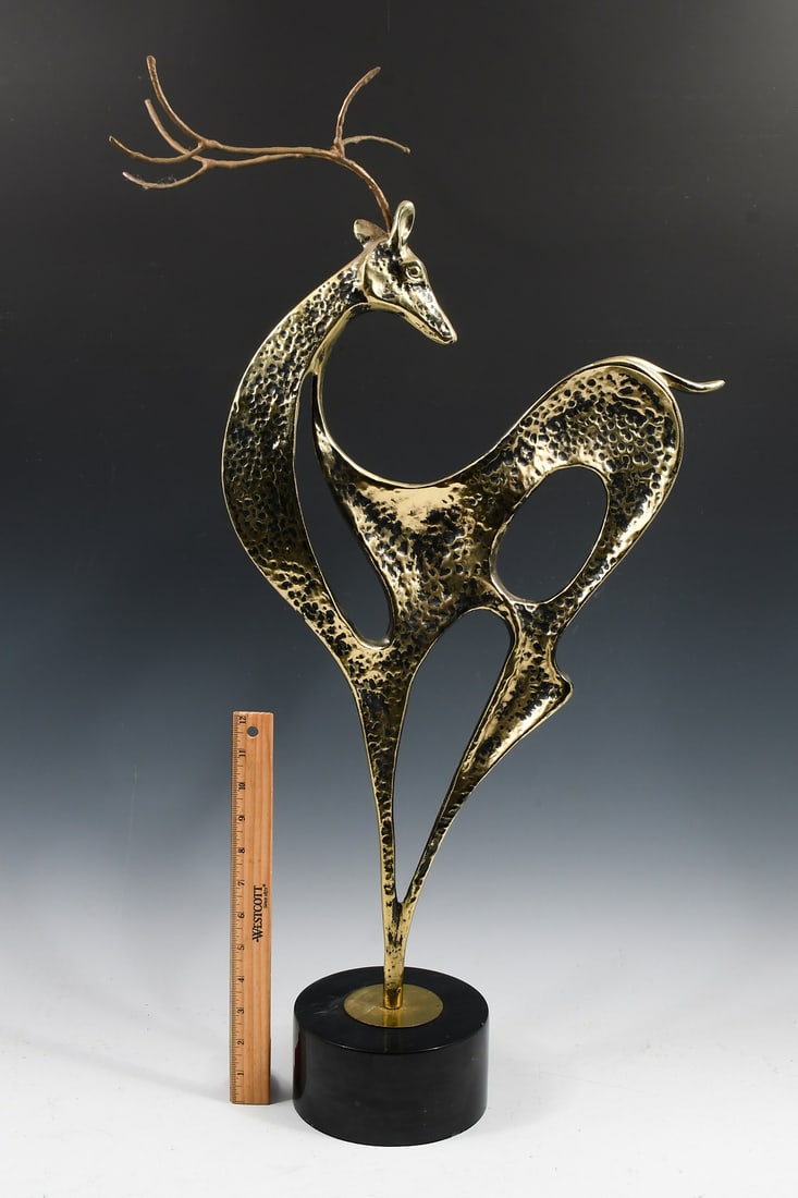 LARGE CURTIS JERE BRUTALIST STAG SCULPTURE: LARGE CURTIS JERE BRUTALIST STAG SCULPTURE: Measures 31" in height including the black marble base.