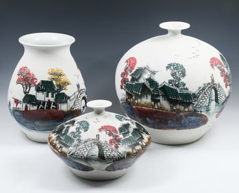 3 PC. CHINESE ENAMELED & TEXTURED PORCELAIN VASES
