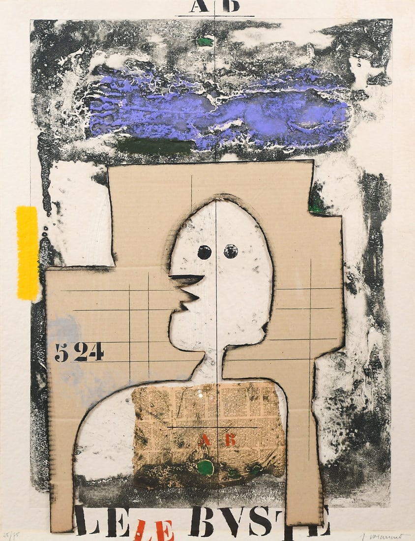 JAMES COIGNARD COLLAGE ARTWORK: COIGNARD, James, (French, 1925-2008): “Le Buste”, Carborundum Etching/Handmade Duchesne Paper with Cardboard Cutout, Newspaper Collage, and Hand-Painting. Signed lower right, numbered 25/75 lo
