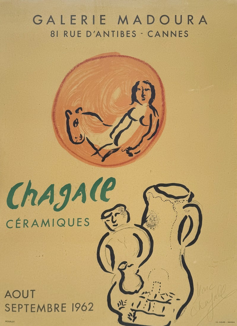 SIGNED MARC CHAGALL CERAMICS EXHIBITION POSTER: SIGNED MARC CHAGALL CERAMICS EXHIBITION POSTER: Poster for a 1962 exhibition of Chagall's ceramics at Galerie Madoura in Cannes, France. Sight size 24.5" x 18", signed by Chagall in pencil lower right