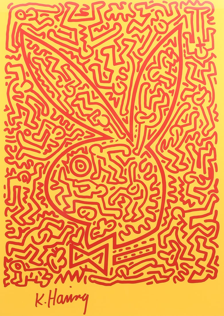 KEITH HARING "PLAYBOY BUNNY NO. 2" SCREENPRINT: HARING, Keith, (American, 1958-1990): "Playboy Bunny No. 2", Screenprint, sight size 29" x 21", numbered 352/1000 lower left, copyright information lower right with date of 1990, custom modern framing