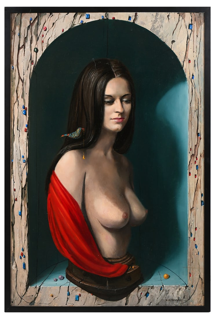 RAYMOND WHYTE FANTASY BRUNETTE NUDE PAINTING: WHYTE, Raymond, (Canadian/American, 1923-2002): Fantasy Brunette Nude Tromp L’Oeil in an Alcove with Bird, Oil/Masonite, 36" x 24", signed lower right, also signed verso, framed, 37.25" x 25.25". Fr
