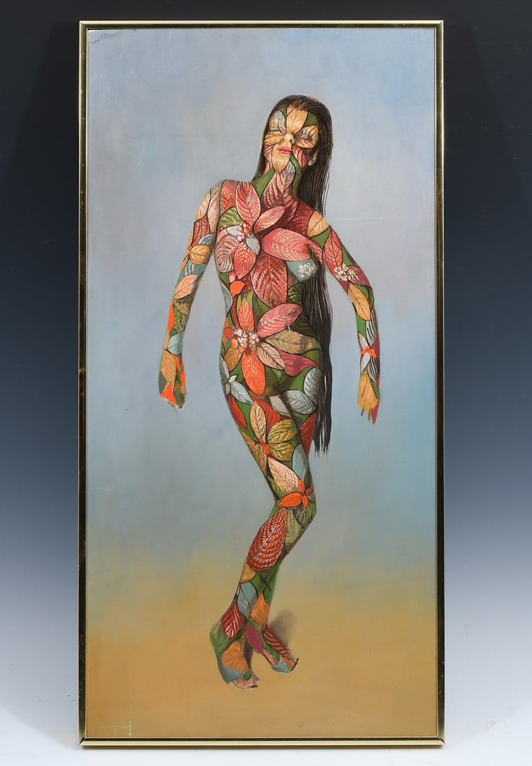 RAYMOND WHYTE SURREAL FANTASY FLOWER NUDE: WHYTE, Raymond, (Canadian/American, 1923-2002): Surreal Fantasy Flower Nude, Full-Length Oil/Board, sight size 23.5" x 11.5", signed and dated 1977 verso, contemporary metal frame, 24.25" x 12.25". Fr