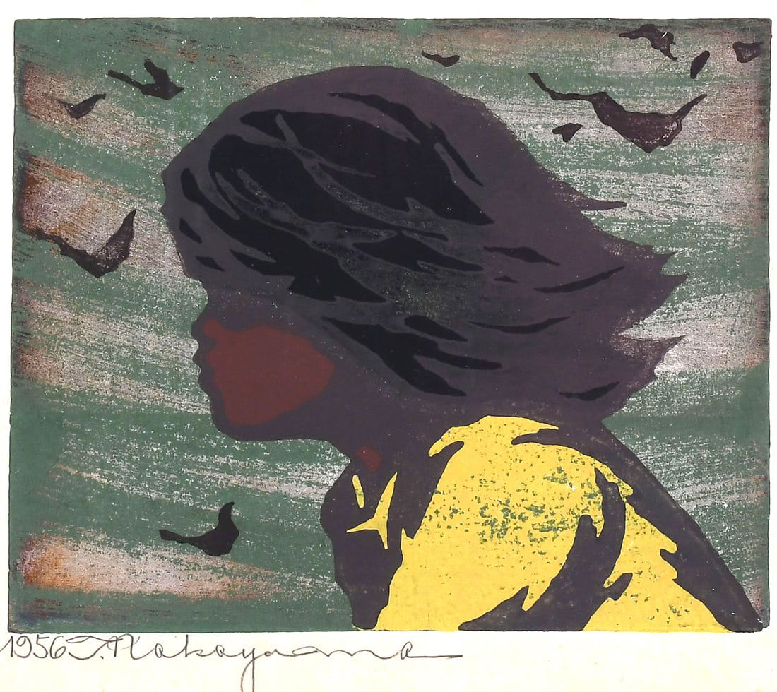 TADASHI NAKAYAMA WINDSWEPT GIRL WOODBLOCK PRINT: NAKAYAMA, Tadashi, (Japanese, 1927-2014): Profile of Young Girl, Japanese Woodblock Print, sight size 8.75" x 10.25", signed lower left, dated 1956, framed, 15" x 16.5".