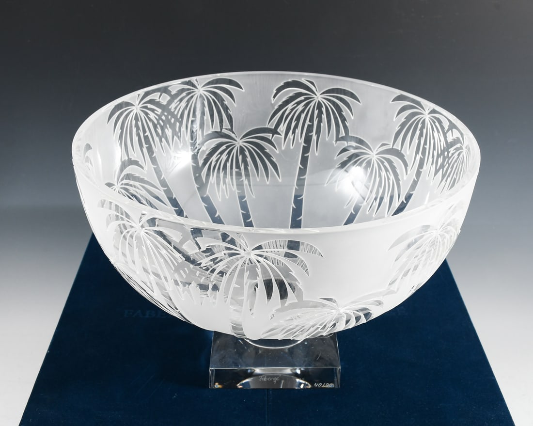 FABERGE CRYSTAL "PALM TREE" CENTER BOWL: FABERGE CRYSTAL "PALM TREE" CENTER BOWL: An incredible Faberge "Palm Tree" Pedestal bowl, #40/90, Etched Faberge at base. Accompanied by a COA from the "Workmaster" Jean-Marie Reynaud. Resides in the