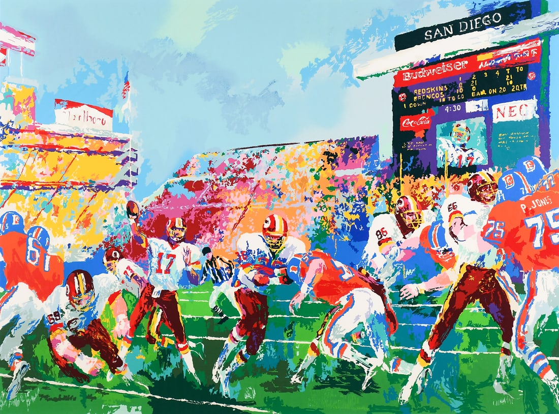 LARGE LEROY NEIMAN BRONCOS VS. REDSKINS SERIGRAPH: NEIMAN, LeRoy, (American, 1921-2012): Denver Broncos vs. Washington Redskins, Serigraph, sight size 29.25" x 39", pencil signed lower right, numbered 117/375, modern framing, 39.25" x 48.75".