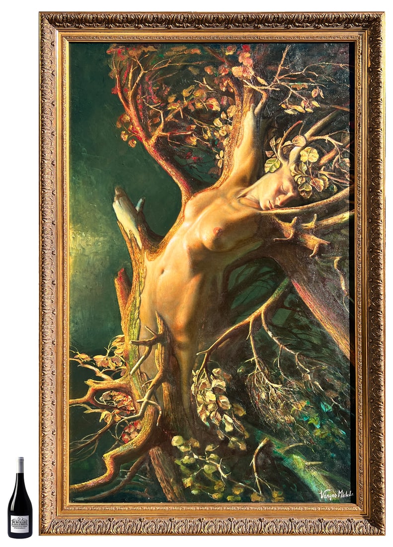 MICHELE VARGAS WOOD NYMPH PAINTING: VARGAS, Michele, (Italian, b. 1953): "Lost Gardens", Oil/Canvas, 41" x 27.5", signed lower right, framed, 62" x 42".